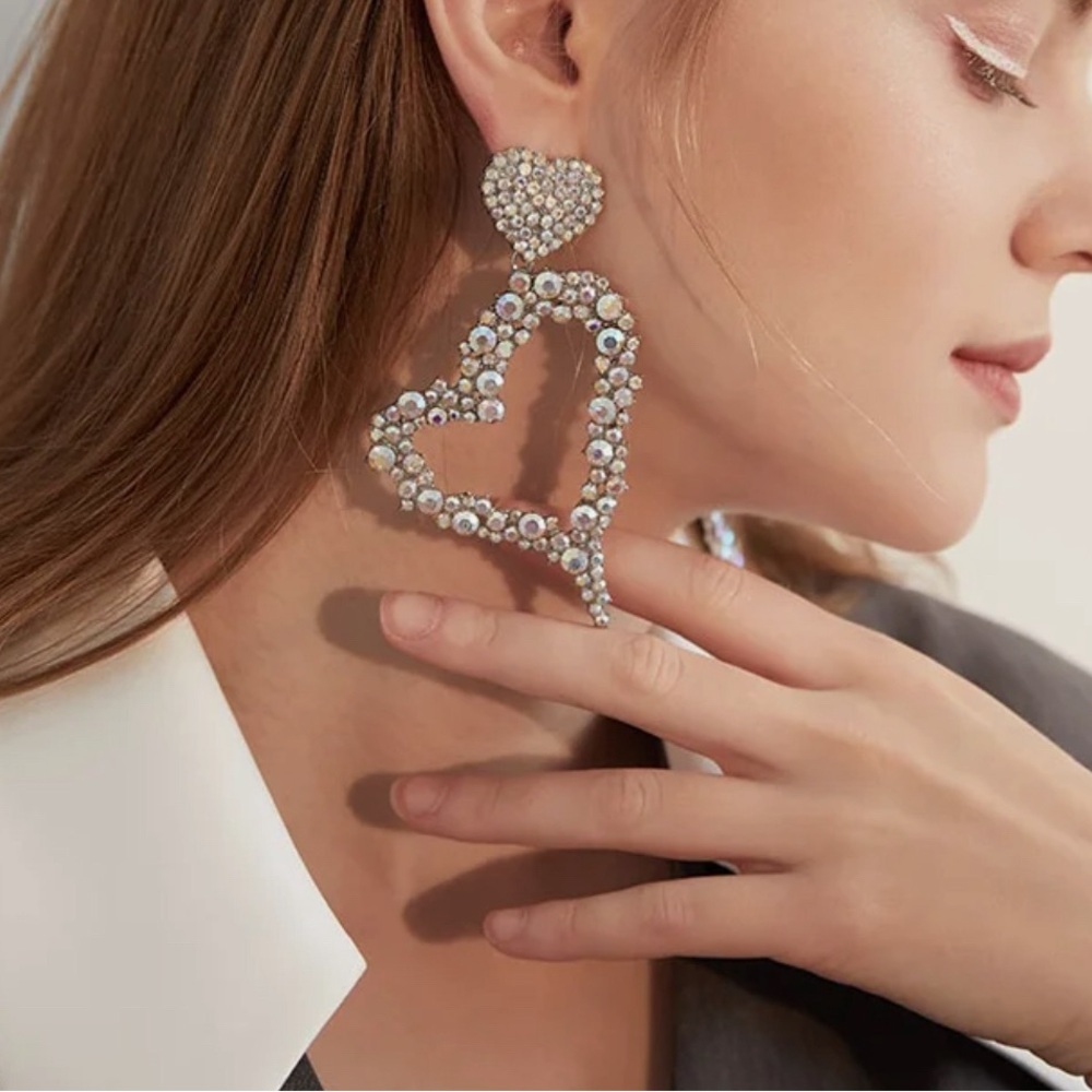 Iridescent Crystal Oversized Heart Drop Earrings